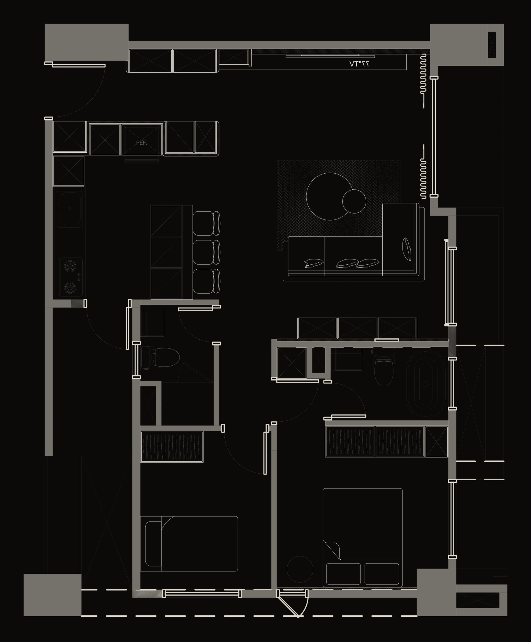 桃園市住宅成屋裝修設計平面圖，兩房雙衛、開放餐廚動線、中島早餐吧台與主臥更衣室 — 覺壹設計 日常